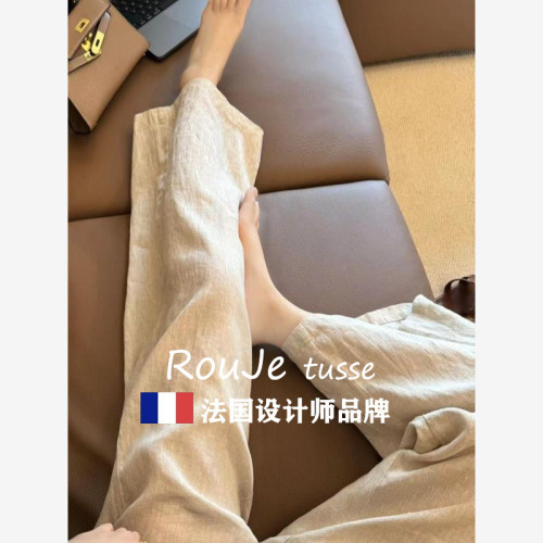 Rouje tusse棉麻濶腿褲女夏小個子直筒褲垂感慵懶寬松亞麻休閒褲
