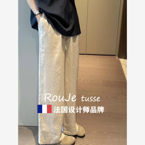 Rouje tusse棉麻濶腿褲女夏小個子直筒褲垂感慵懶寬松亞麻休閒褲