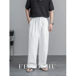 FENGSHU 夏季薄款透氣寬松直筒濶腿褲潮流百搭純色白色簡約休閒褲
