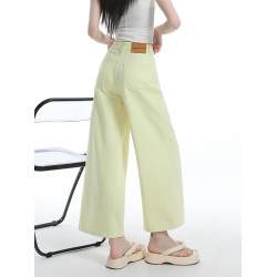 高級淺黃色牛仔褲女夏季薄款簡約百搭小個子多巴胺彩色休閒濶腿褲