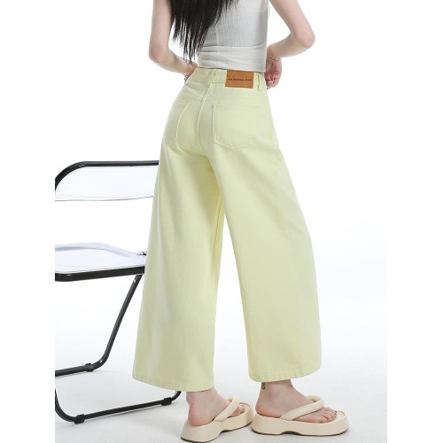高級淺黃色牛仔褲女夏季薄款簡約百搭小個子多巴胺彩色休閒濶腿褲