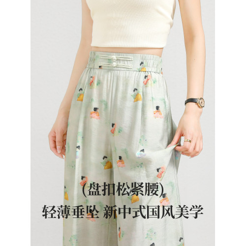 高級國風盤釦冰絲濶腿褲女夏薄款新中式獨特小胖妞印花直筒休閒褲