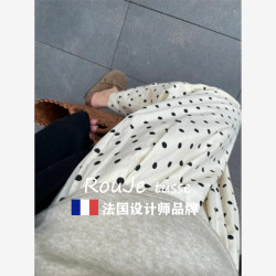 Rouje tusse白色波點棉麻褲子女休閒褲薄款防曬濶腿褲夏季九分褲
