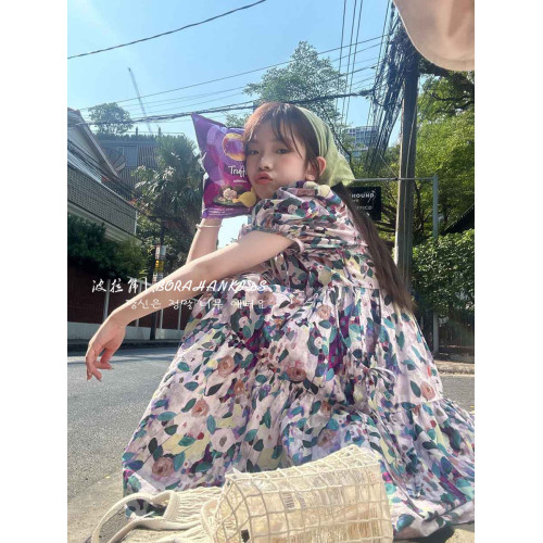 女童泡泡袖連衣裙夏季2025新款小女孩公主裙子中大童田園風碎花裙