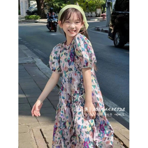 女童泡泡袖連衣裙夏季2025新款小女孩公主裙子中大童田園風碎花裙