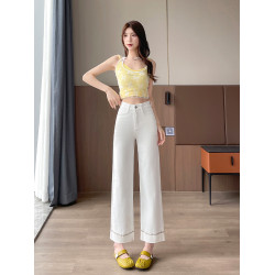 隅見丨白色刺綉小個子牛仔褲女2025夏季新款高腰九分直筒濶腿褲子