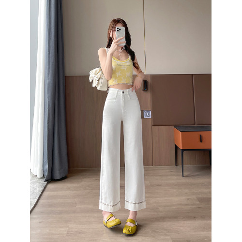 隅見丨白色刺綉小個子牛仔褲女2025夏季新款高腰九分直筒濶腿褲子