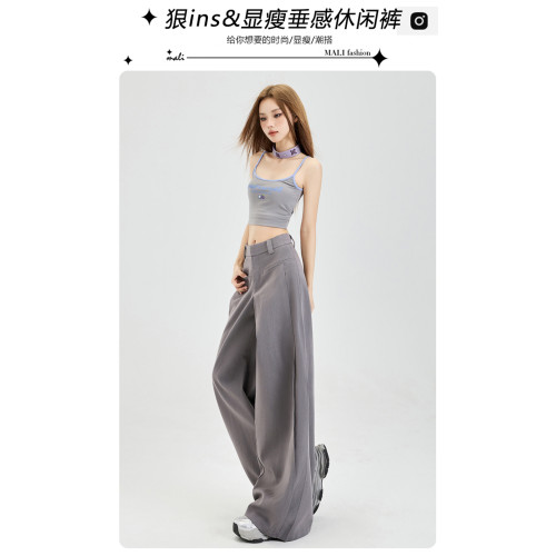 灰色西裝褲女2025年新款夏季高腰寬松慵懶風垂墜感直筒休閒濶腿褲