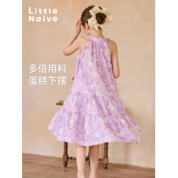 Little Naive女童新中式連衣裙春夏新款旗袍領掛脖裙子兒童碎花裙