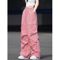 高級粉色工裝褲女夏季涼感酷颯多巴胺寬松高腰顯瘦時尚百搭濶腿褲