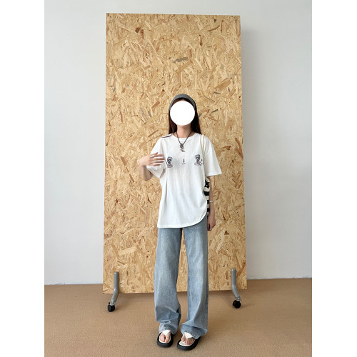 fuccykee美式復古水洗做舊牛仔褲女新款高腰寬松直筒濶腿濶腿褲