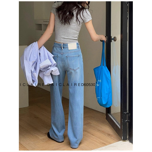 代嘉兒daiclaire牛仔褲女夏季薄款顯瘦四面彈力窄版濶腿褲60530