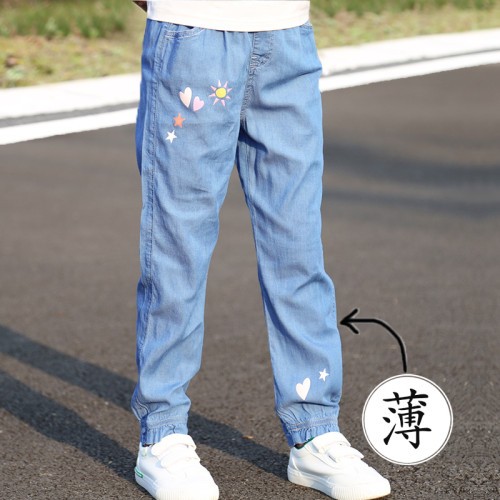 女童褲子夏季薄款兒童牛仔褲小女孩天絲長褲洋氣防蚊褲春秋寬松