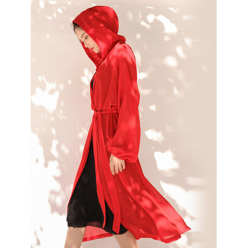 女中長款防曬衫新款薄外套百搭海邊度假長袖寬松帽子雪紡防曬衣夏
