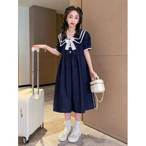 女童學院風連衣裙2025夏季新款中大童洋氣夏裝兒童女孩休閒長裙子