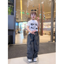 女童工裝褲夏季薄款2025新款兒童夏天防蚊褲子大童爵士舞濶腿褲潮