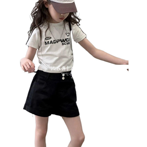 女童短款修身T恤2025夏季童裝時髦小女孩字母短袖中大童洋氣上衣