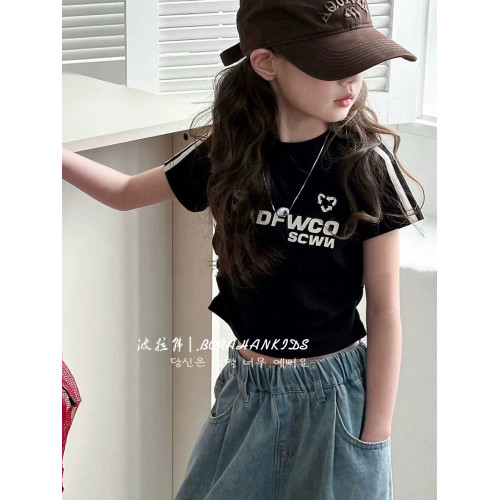 女童短款修身T恤2025夏季童裝時髦小女孩字母短袖中大童洋氣上衣