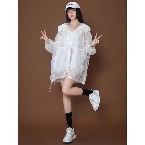 大碼夏季防曬服女裝白色防曬衣寬松2025款連帽戶外透氣冰絲防曬衫