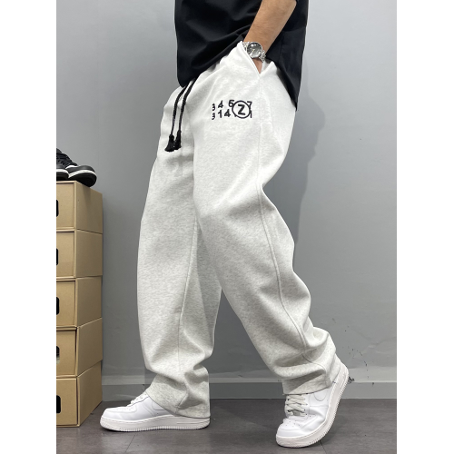 春季字母刺綉直筒休閒褲男寬松濶腿褲美式街頭復古潮流長褲高街風