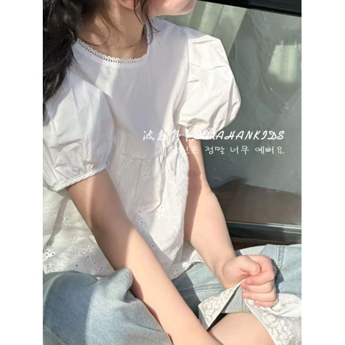 女童洋氣娃娃衫2025夏季童裝兒童泡泡襯衫短袖中大童法式圓領上衣