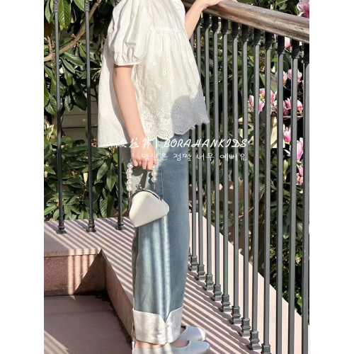 女童洋氣娃娃衫2025夏季童裝兒童泡泡襯衫短袖中大童法式圓領上衣