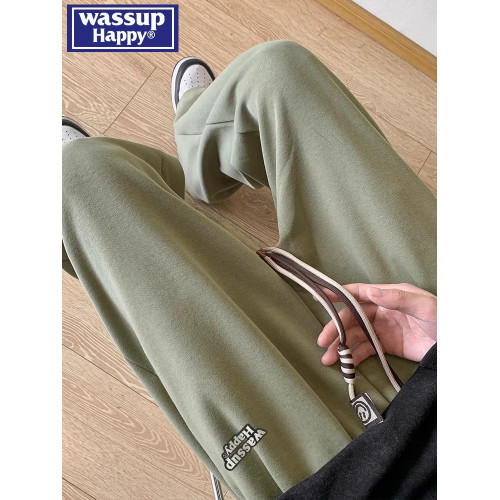 wassup happy日系黑色褲子男春秋季夏款直筒濶腿褲美式大碼休閒褲