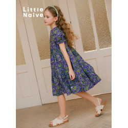 LittleNaive童裝 夏季女童法式連衣裙度假風中大童裙子兒童連衣裙
