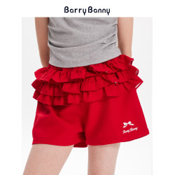 BarryBanny女童花苞短褲2025夏季新款中大童紅色中腰修身顯瘦褲子