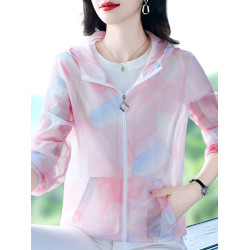 防曬衣女夏2025新款時尚洋氣印花網紗透氣休閒防曬服韓版連帽外套