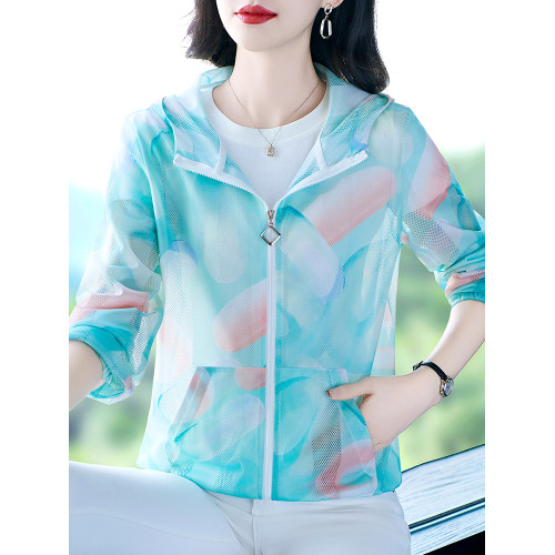 防曬衣女夏2025新款時尚洋氣印花網紗透氣休閒防曬服韓版連帽外套