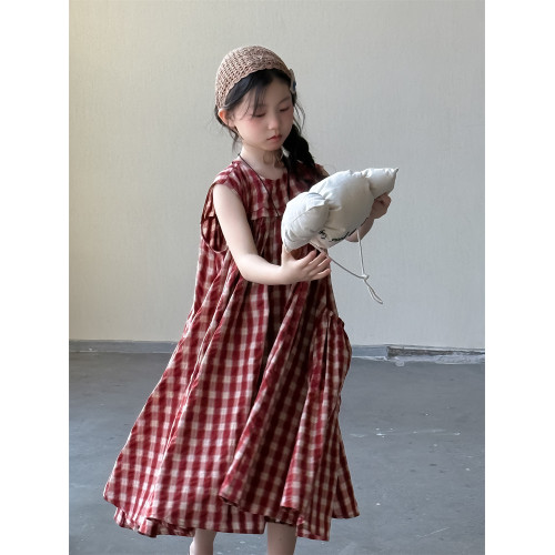 女童格子連衣裙2025夏季新款韓版兒童女孩棉布裙子洋氣中長款長裙