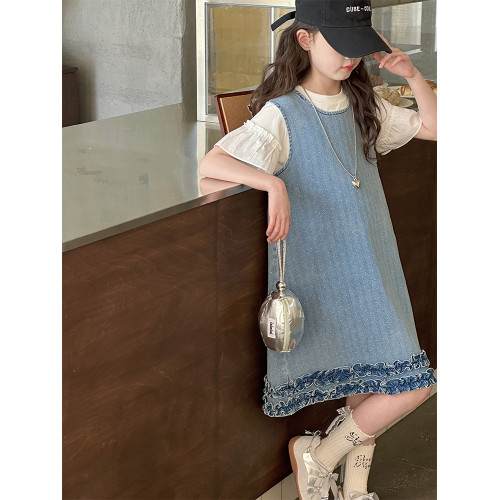 女童牛仔連衣裙夏裝套裝2025新款韓版洋氣兒童短袖背心裙兩件套潮