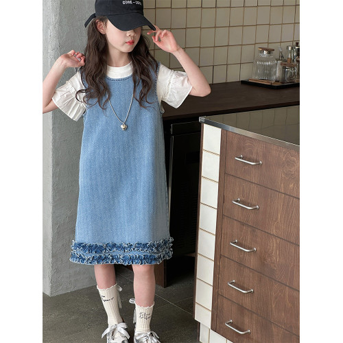 女童牛仔連衣裙夏裝套裝2025新款韓版洋氣兒童短袖背心裙兩件套潮