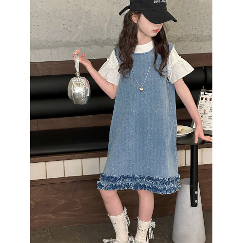 女童牛仔連衣裙夏裝套裝2025新款韓版洋氣兒童短袖背心裙兩件套潮
