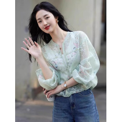 立領刺綉印花歐根紗防曬薄款短外套女2025夏季新款長袖防曬衣上衣