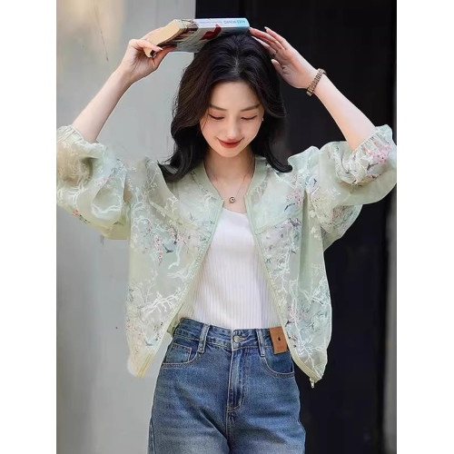 立領刺綉印花歐根紗防曬薄款短外套女2025夏季新款長袖防曬衣上衣