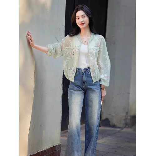 立領刺綉印花歐根紗防曬薄款短外套女2025夏季新款長袖防曬衣上衣
