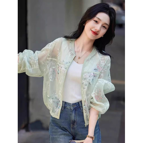 立領刺綉印花歐根紗防曬薄款短外套女2025夏季新款長袖防曬衣上衣