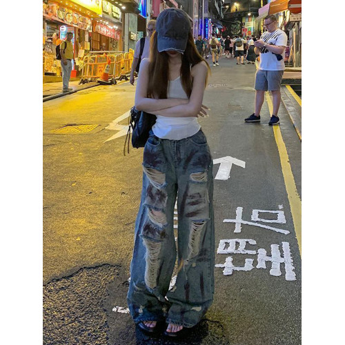 破洞牛仔褲女美式高街復古做舊髒染設計大碼胖MM休閒直筒濶腿褲子