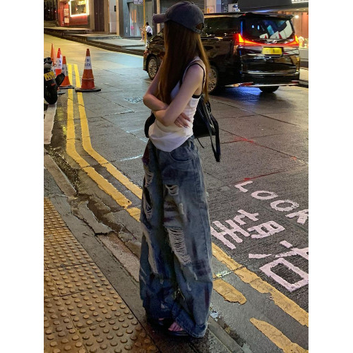 破洞牛仔褲女美式高街復古做舊髒染設計大碼胖MM休閒直筒濶腿褲子