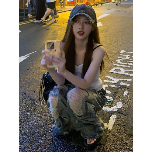 破洞牛仔褲女美式高街復古做舊髒染設計大碼胖MM休閒直筒濶腿褲子