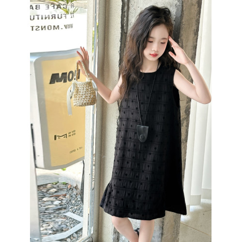 女童黑色無袖波點連衣裙夏裝2025新款兒童夏日高級感背心裙子大童