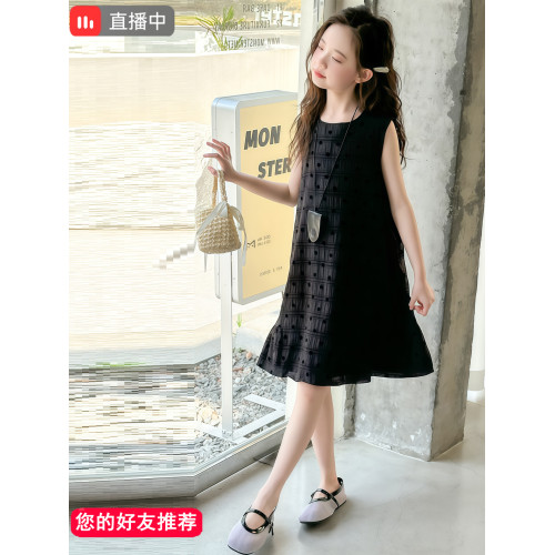 女童黑色無袖波點連衣裙夏裝2025新款兒童夏日高級感背心裙子大童