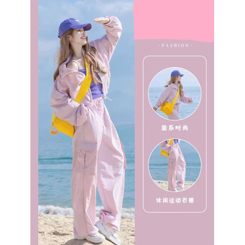 鹽系炸街運動服套裝女夏季寬松時尚防曬衣外套長褲休閒兩件套跑步