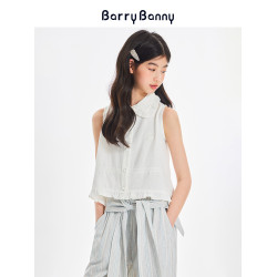 BarryBanny女童無袖亞麻襯衫夏季新款兒童甜美娃娃領背心坎袖上衣