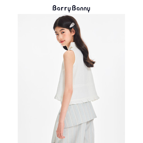 BarryBanny女童無袖亞麻襯衫夏季新款兒童甜美娃娃領背心坎袖上衣
