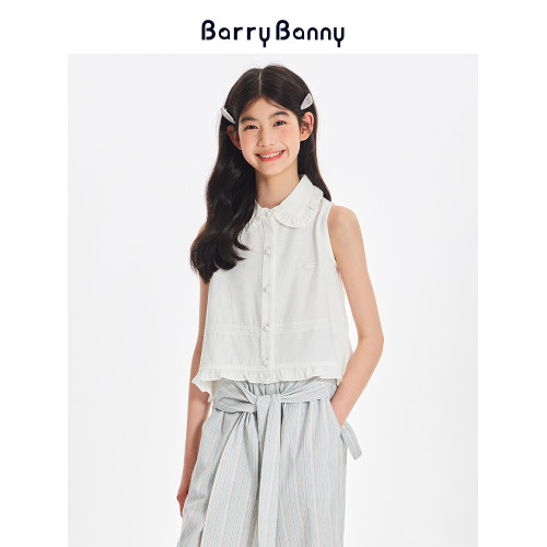 BarryBanny女童無袖亞麻襯衫夏季新款兒童甜美娃娃領背心坎袖上衣