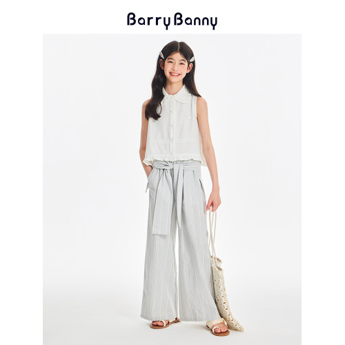 BarryBanny女童無袖亞麻襯衫夏季新款兒童甜美娃娃領背心坎袖上衣
