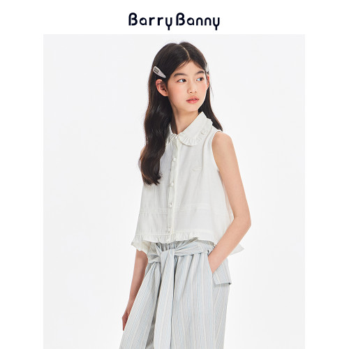 BarryBanny女童無袖亞麻襯衫夏季新款兒童甜美娃娃領背心坎袖上衣